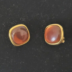 Vintage Estate Clip On Earrings Gold Tone Brown Orange Stone 7/8"